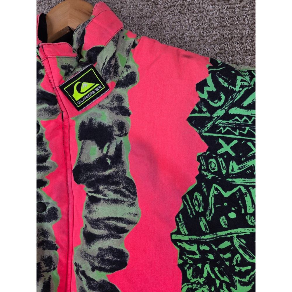 Vintage Quiksilver Mens Neon Pink Green Abstract Print Full Zip Jacket XL Puffer - Picture 6 of 16